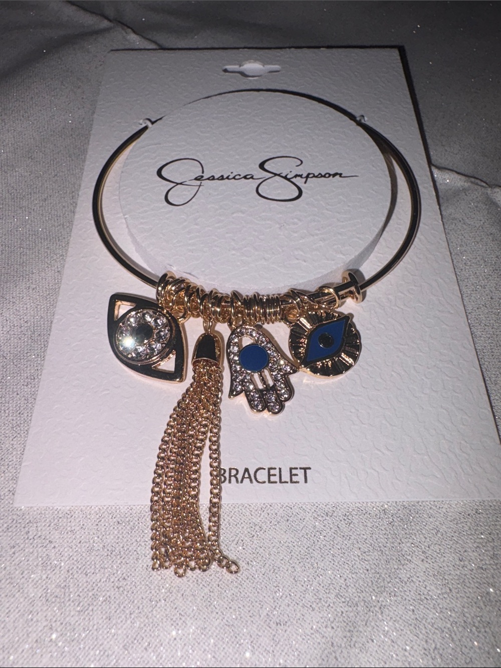 Jessica Simpson Gold Charm Bangle with Blue and Black Enamel Accents